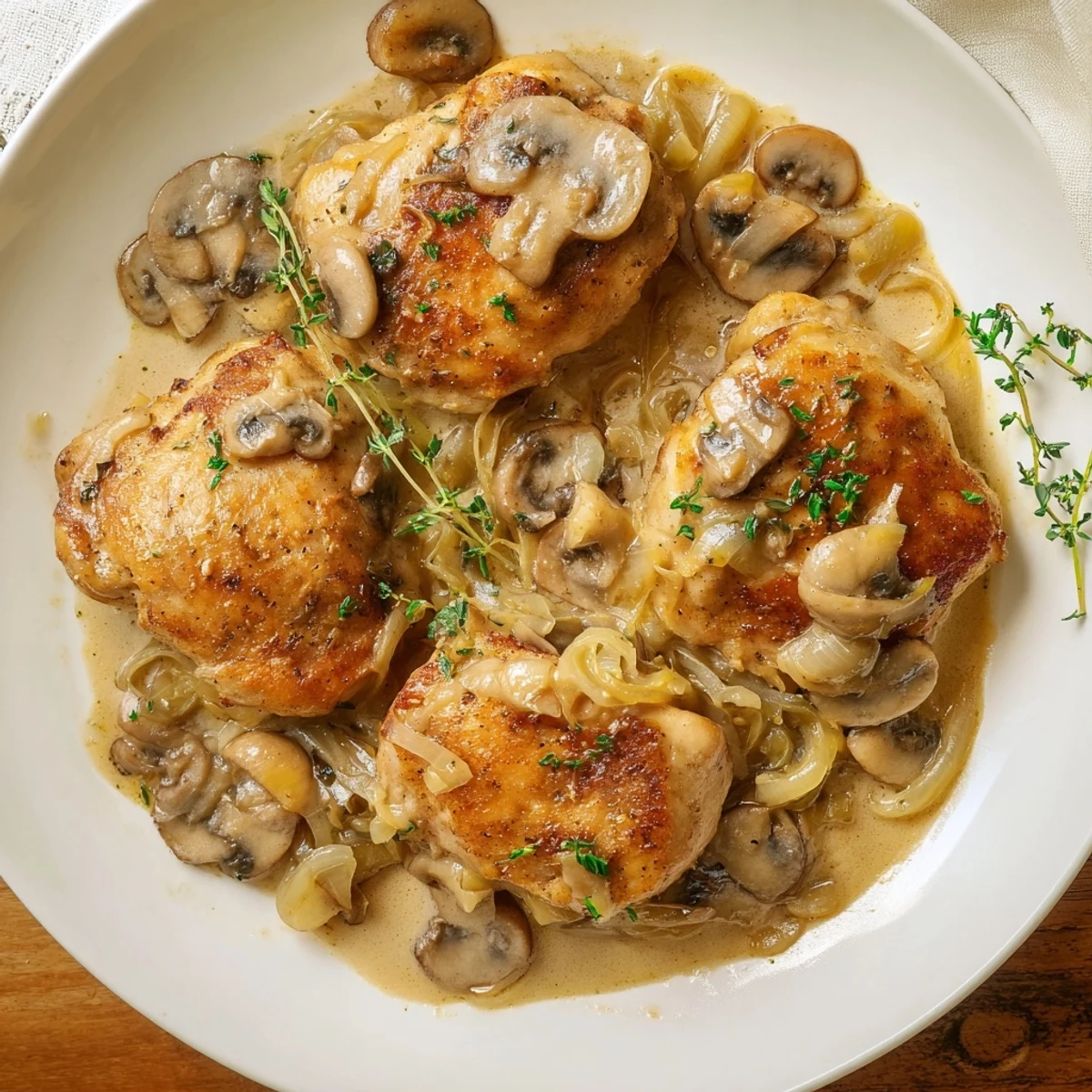 A close-up view of Creamy Mushroom Chicken Skillet with tender slices and fresh thyme on a wooden table.