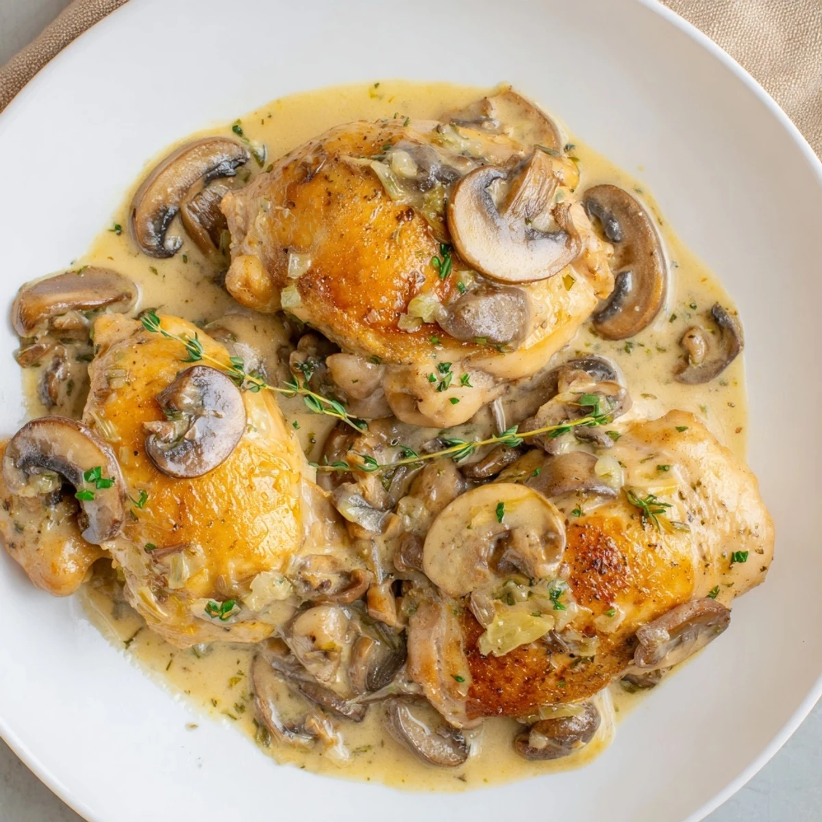 Golden brown chicken breasts nestled in a creamy garlic mushroom sauce, garnished with fresh parsley in a skillet.