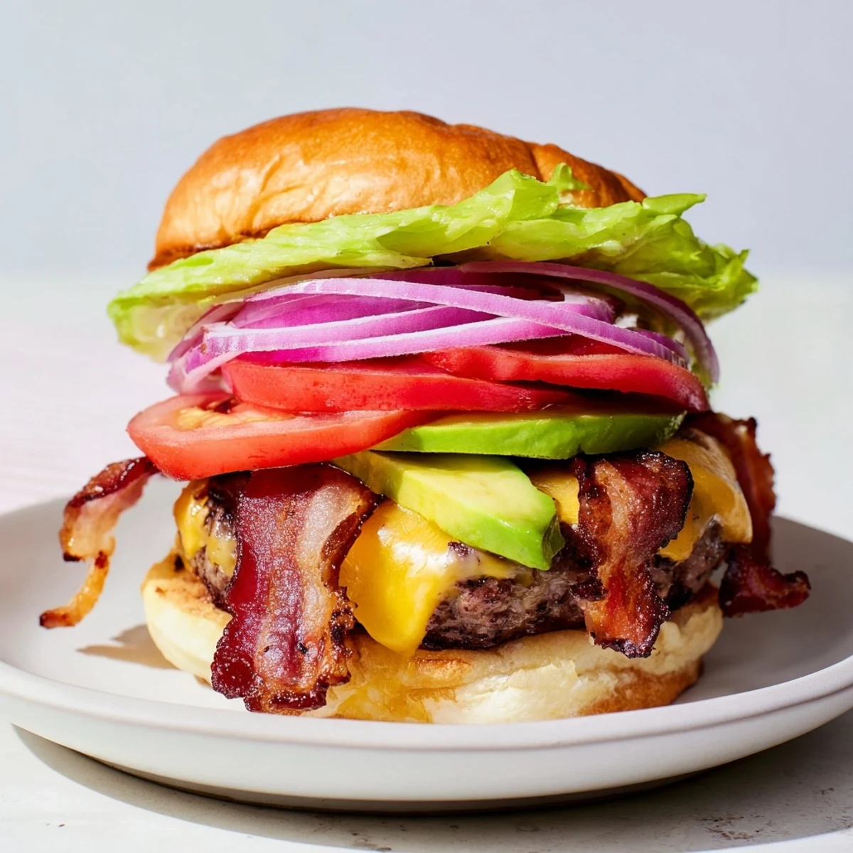 Beef Burger with Avocado and Beef Bacon topped with crisp bacon, creamy avocado, and fresh tomato slices.