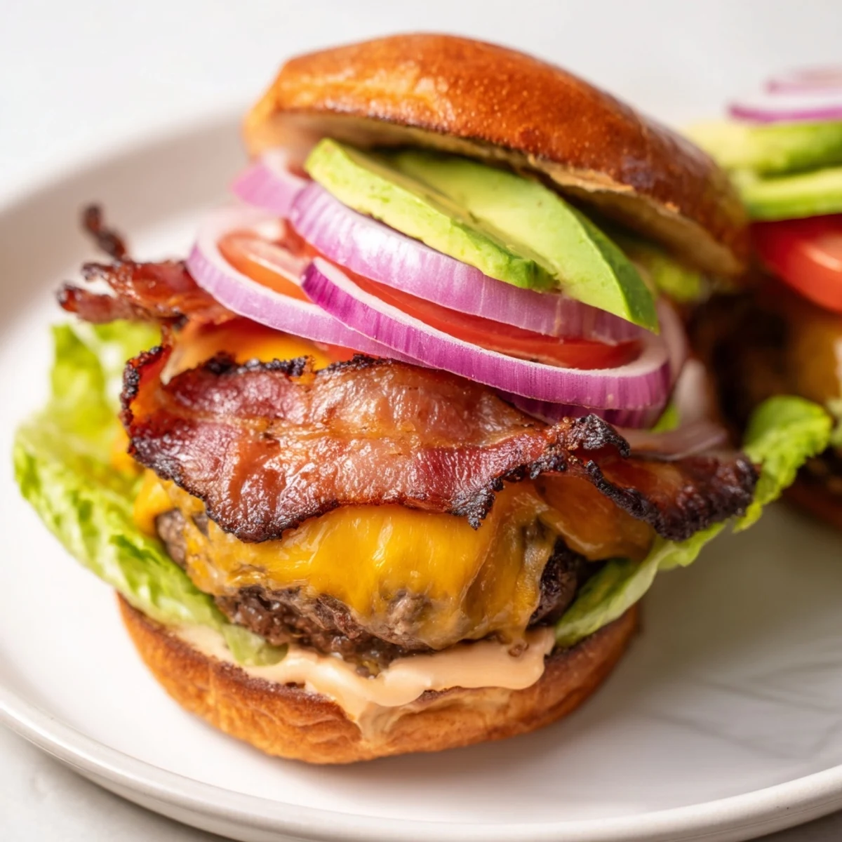 A juicy Beef Burger with Avocado and Beef Bacon layered on a toasted brioche bun with melted cheddar.