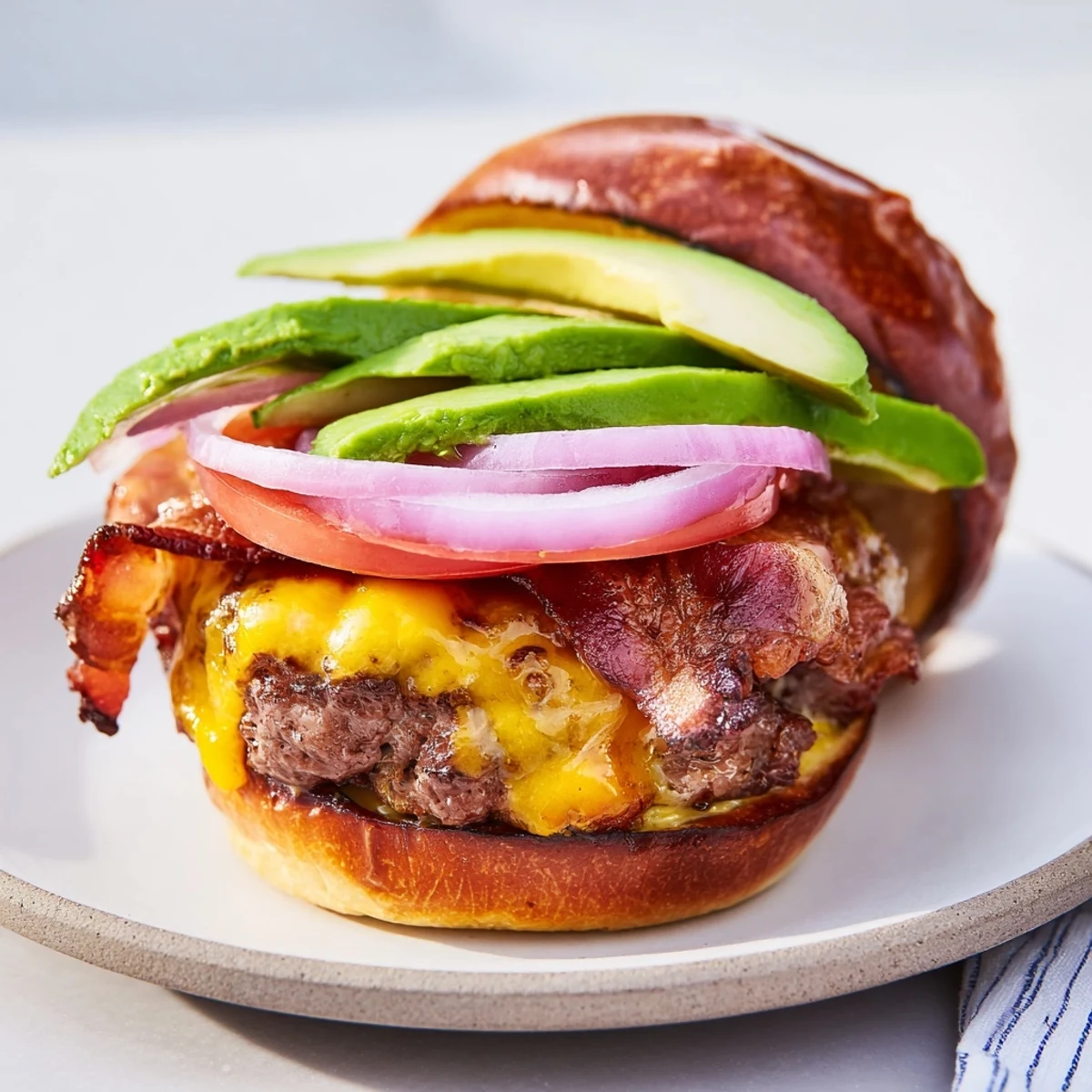 Gourmet Beef Burger with Avocado and Beef Bacon served on a plate with lettuce and red onion.