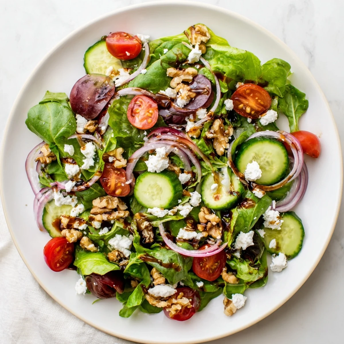 Fresh Spring Mix Salad with Vinaigrette tossed with cherry tomatoes and cucumber slices, ready to eat on a sunny patio.