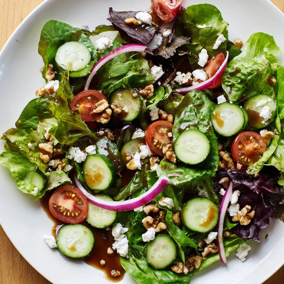 Colorful Spring Mix Salad with Vinaigrette featuring spring greens and red onion, plated as a refreshing American side dish.