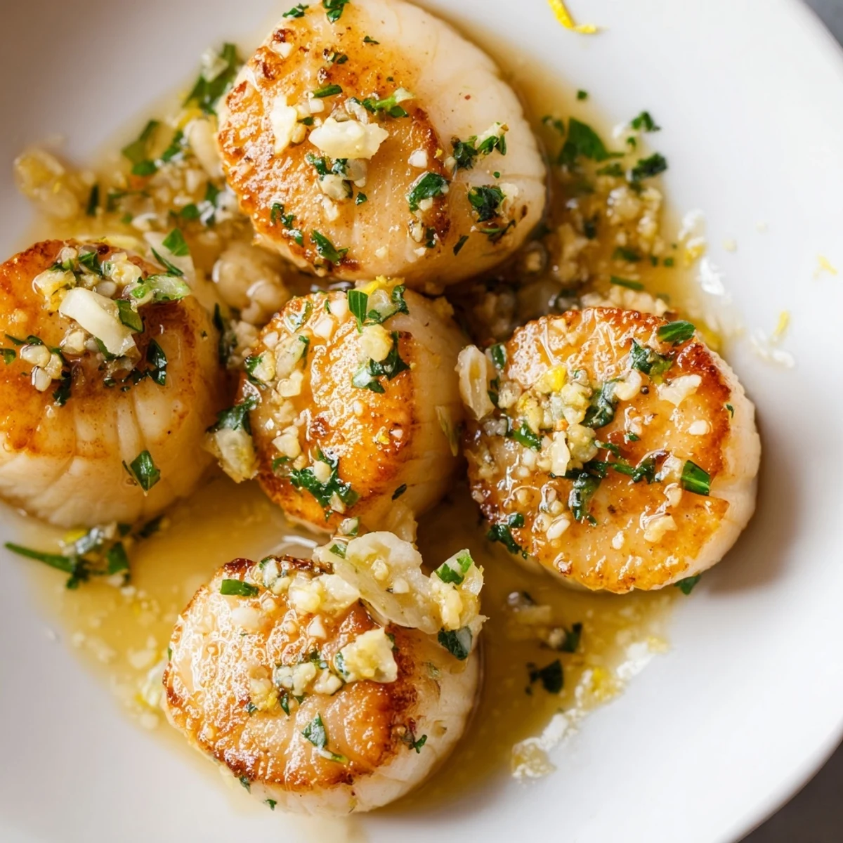 Succulent Lemon Garlic Scallops glistening in golden butter sauce, served fresh from the skillet.
