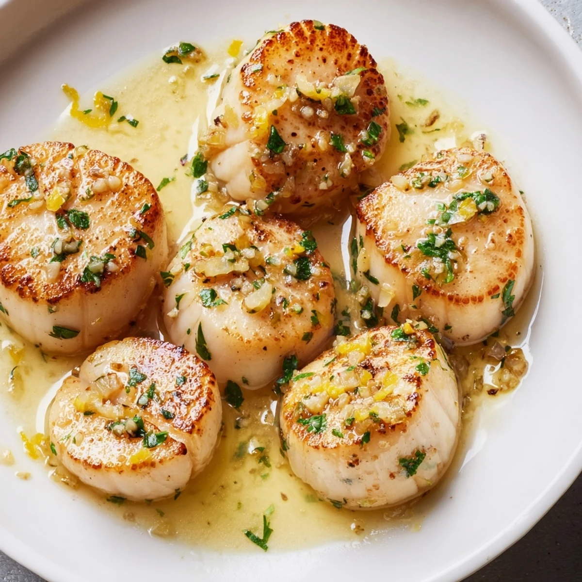 Lemon Garlic Scallops plated beside crisp asparagus and a wedge of lemon for garnish.