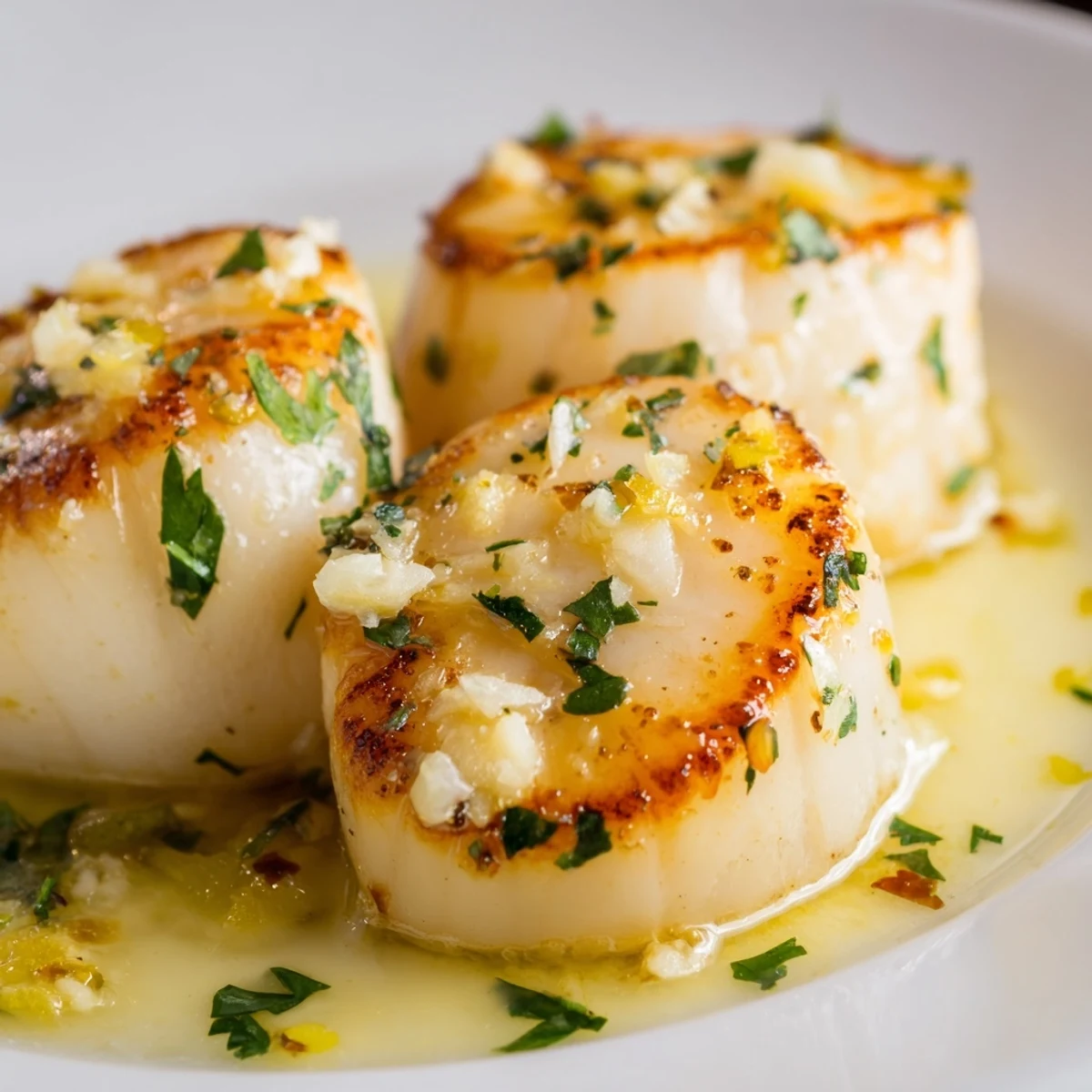 Tender pan-seared Lemon Garlic Scallops with minced garlic and fresh parsley on a white plate.