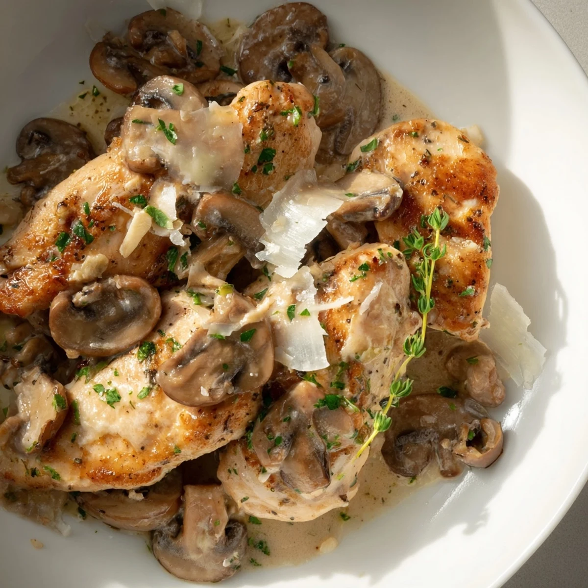 Golden-brown chicken breasts rest in a creamy mushroom sauce in a cast iron skillet, garnished with fresh parsley.  
