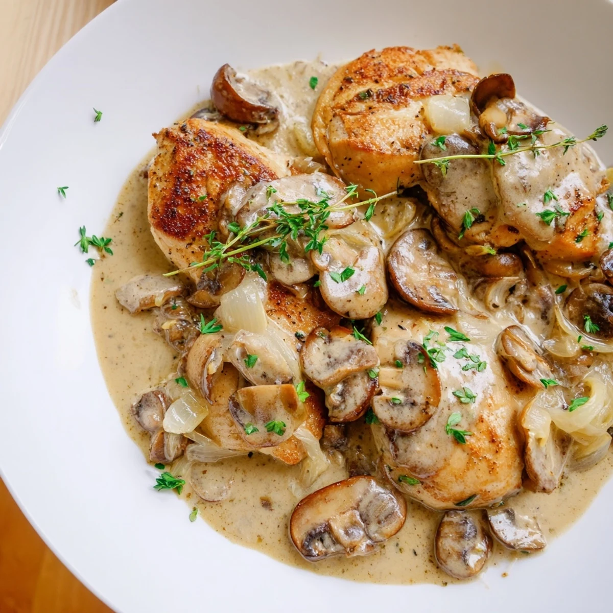 Fresh thyme and garlic flavor the rich, velvety sauce in this Creamy Mushroom Chicken Skillet dinner.  