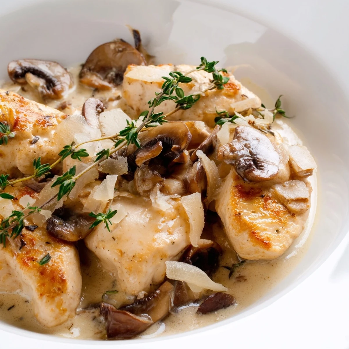 Creamy Mushroom Chicken Skillet served over mashed potatoes with crusty bread for soaking up sauce.