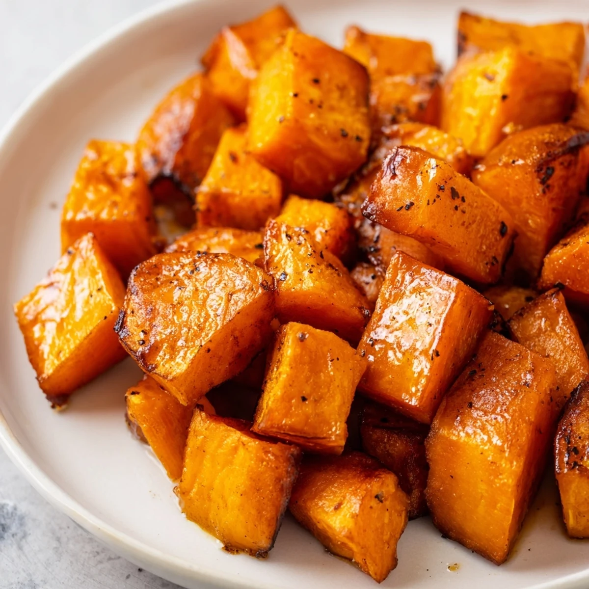 Savor the warm Roasted Sweet Potatoes with Cinnamon glistening with maple syrup beside a roast chicken.  