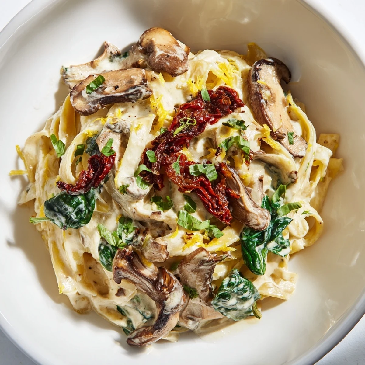 Steam rises from the Creamy Tuscan Mushroom Pasta Skillet as fresh basil and sun-dried tomatoes top the hearty main dish.