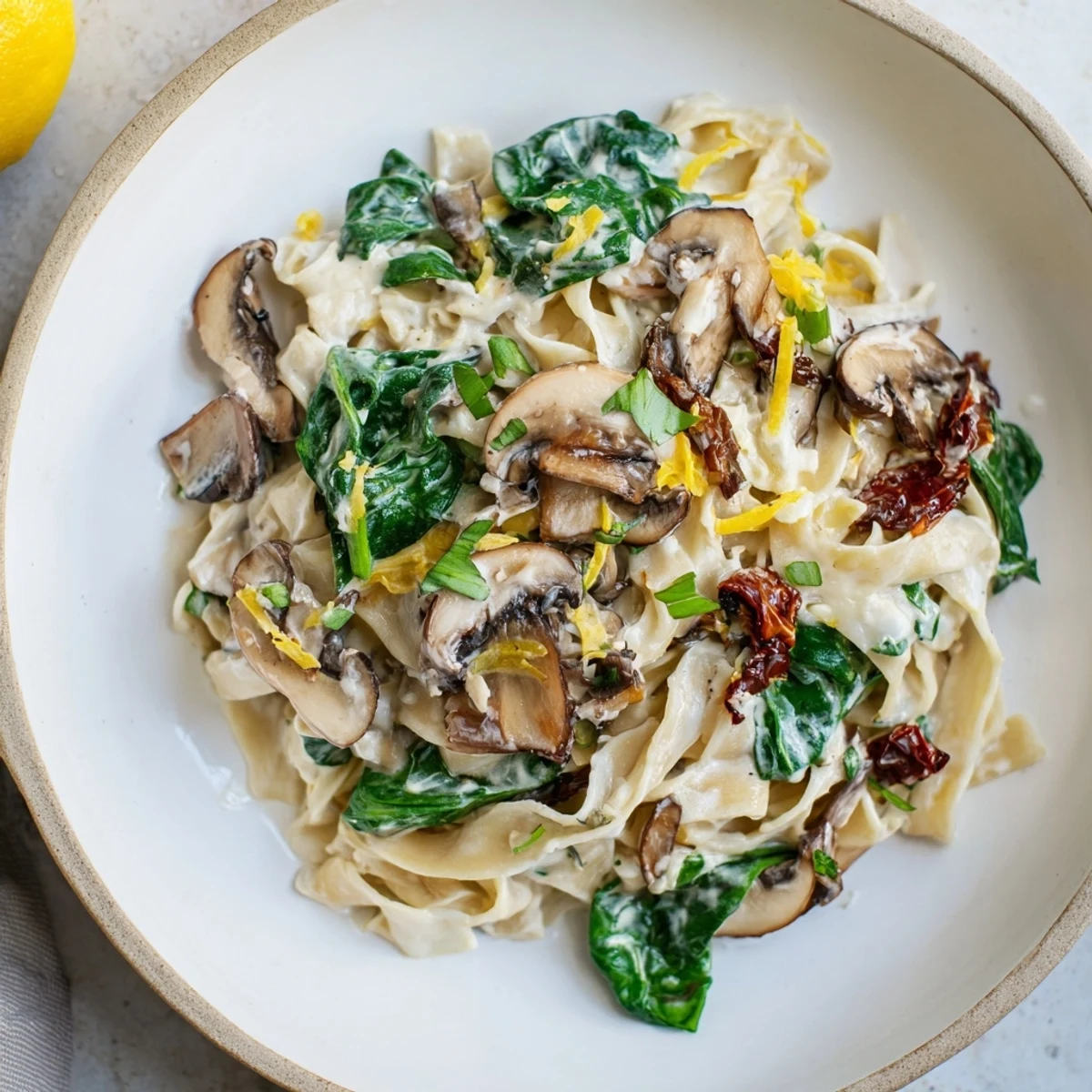 A single skillet holds the Creamy Tuscan Mushroom Pasta Skillet, garnished with extra Parmesan and ready to serve to four people.