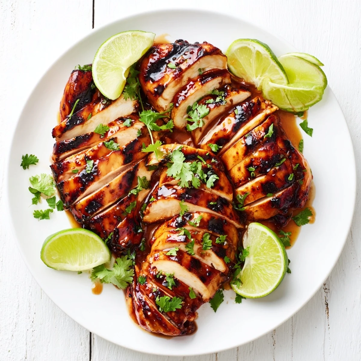 Close-up of spicy honey lime chicken resting on a cutting board, with lime zest and cilantro scattered around, ready to serve.