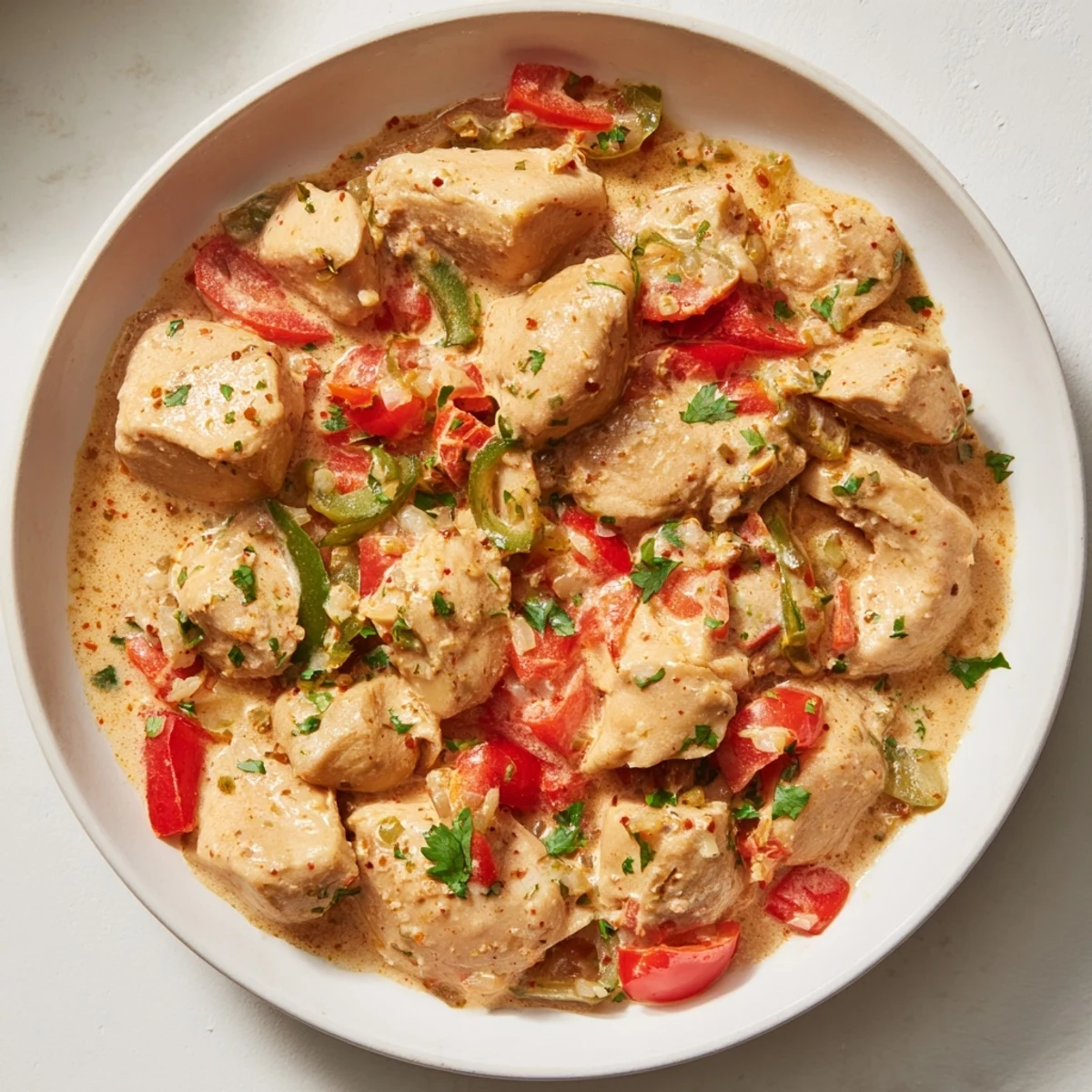 A close-up of Brazilian Coconut Chicken in a creamy coconut sauce, garnished with fresh cilantro and sliced red and green bell peppers.