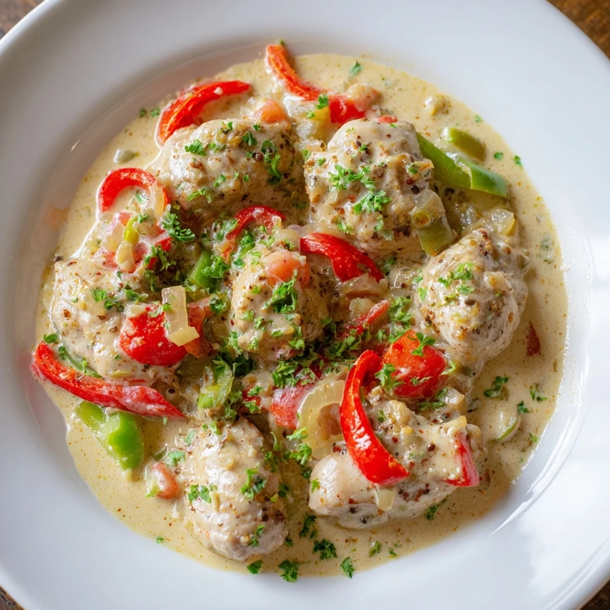 Tender chicken pieces simmered in Brazilian Coconut Chicken, served over steaming white rice with lime wedges and a sprinkle of cilantro.