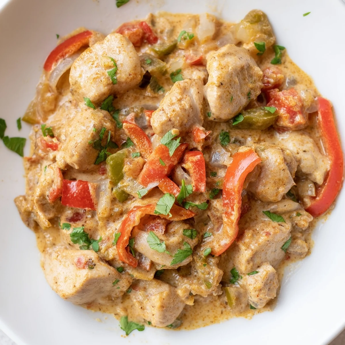 A rustic skillet of Brazilian Coconut Chicken, featuring golden chicken, vibrant peppers, and rich, aromatic sauce ready to serve.