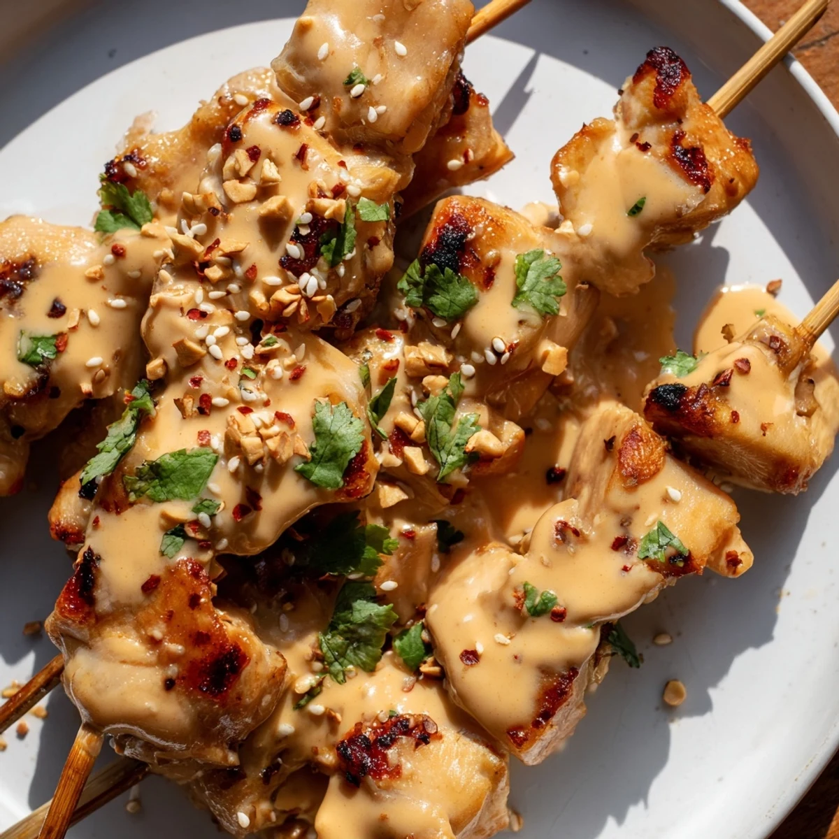 Golden-brown grilled Bang Bang Chicken Skewers coated in creamy spicy sauce, garnished with fresh cilantro and sesame seeds.
