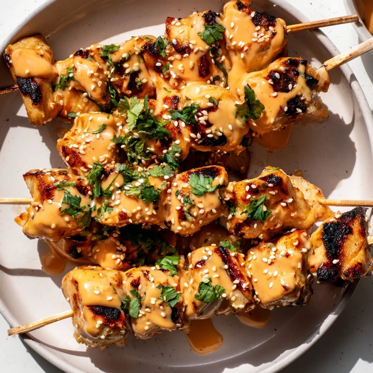 Platter of Bang Bang Chicken Skewers served with lime wedges, perfect for an easy weeknight dinner or party appetizer.