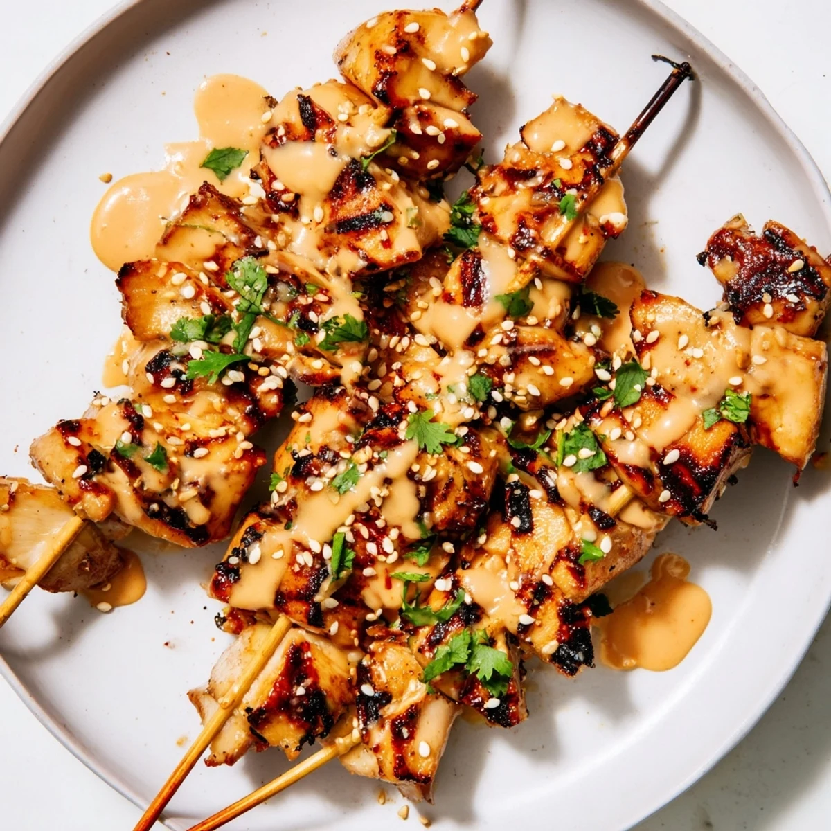 Close-up view of Bang Bang Chicken Skewers highlighting juicy grilled chicken pieces drizzled with vibrant, sweet and spicy sauce.