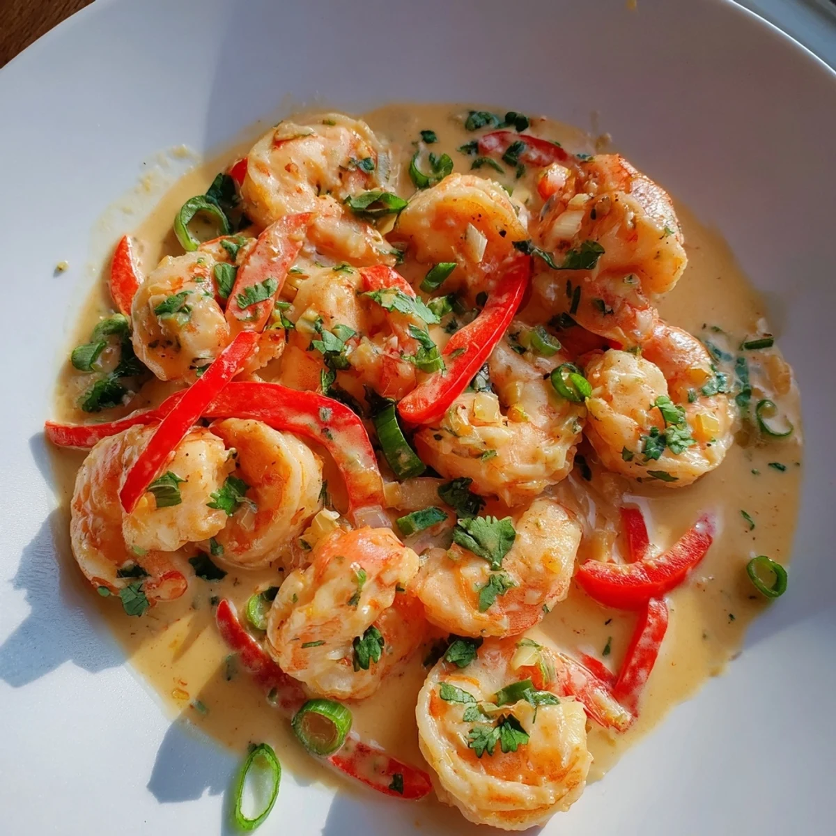 Creamy Garlic Shrimp in Coconut Milk simmering in a skillet, garnished with cilantro and served with steamed jasmine rice.