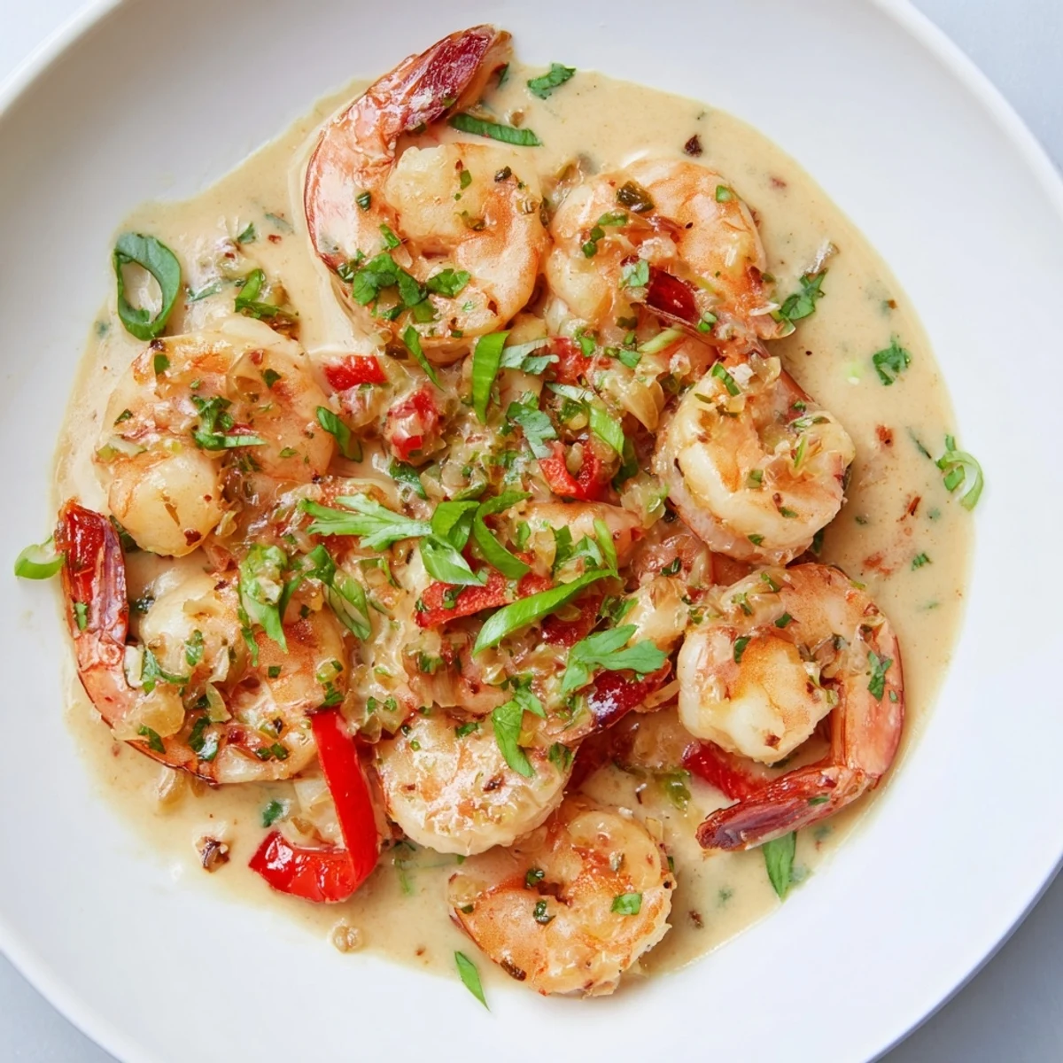 Garlic Shrimp in Coconut Milk on a plate, sautéed shrimp in a rich coconut milk sauce with red bell peppers and lime.