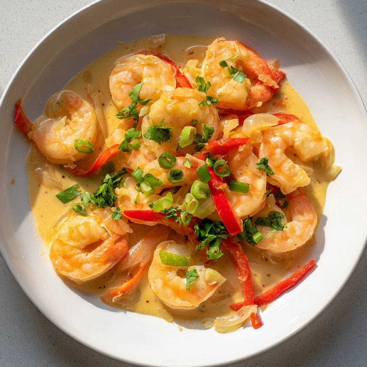 Savory Garlic Shrimp in Coconut Milk with fresh herbs, ready to serve, showcasing a gluten-free, dairy-free dinner for four.