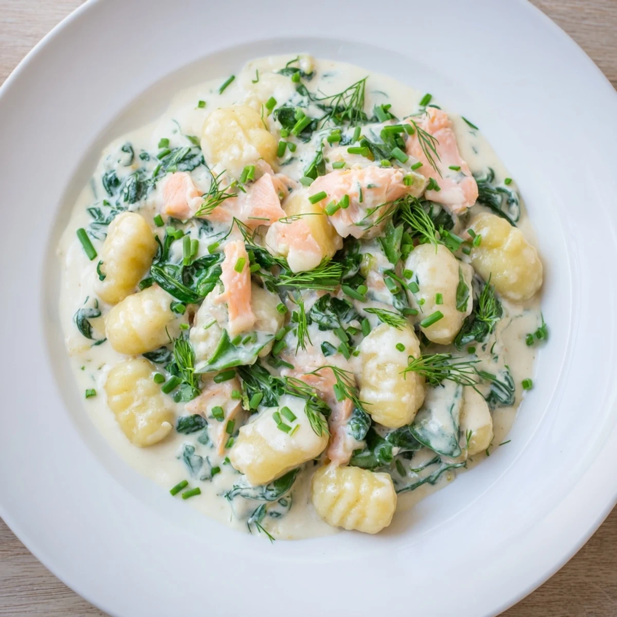 Creamy Healthy Smoked Salmon Gnocchi with fresh spinach and dill, ready to serve.