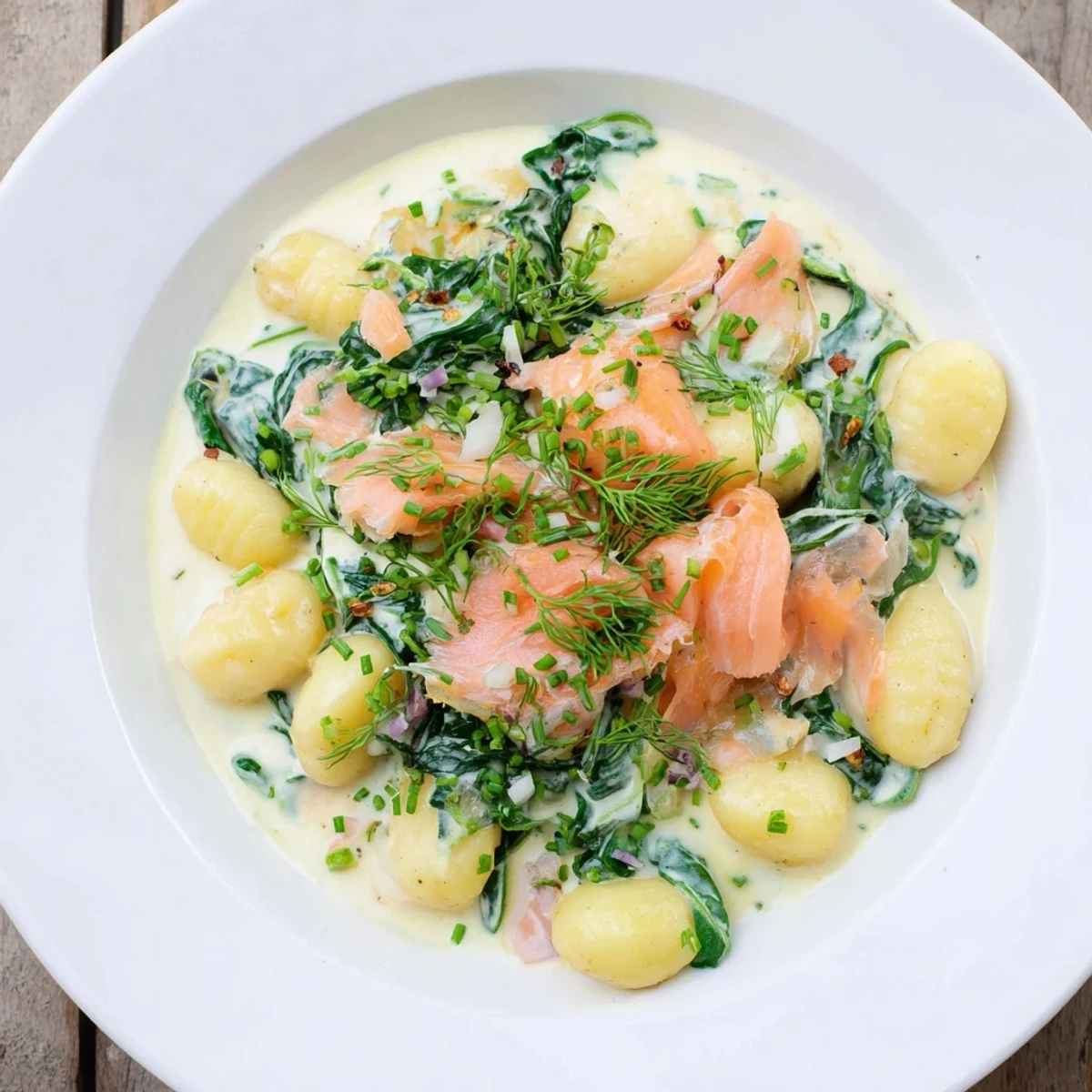 Pillowy Healthy Smoked Salmon Gnocchi tossed in lemony sauce on a white plate.