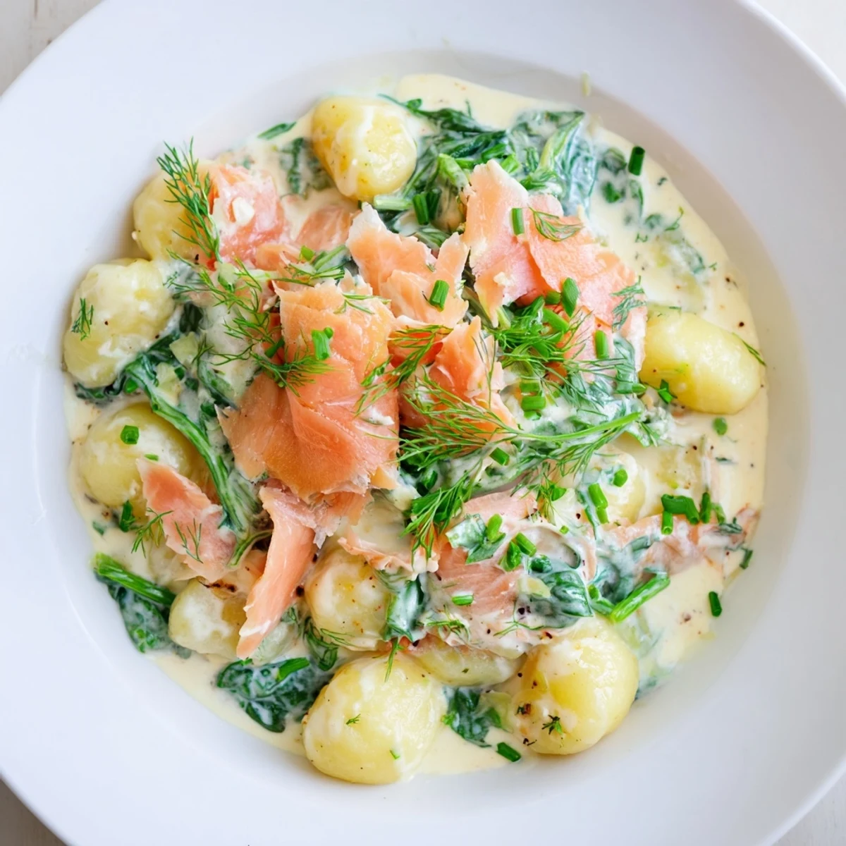 Warm Healthy Smoked Salmon Gnocchi topped with chives and lemon wedges on a plate.