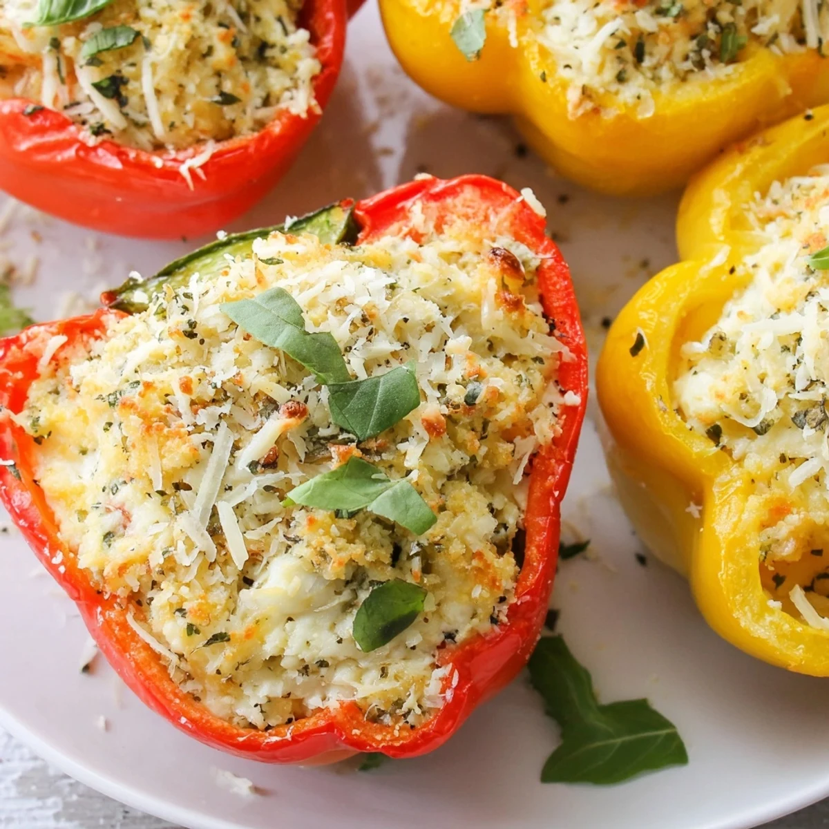 Ricotta Stuffed Peppers recipe featuring tender baked peppers with a cheesy, herb-rich filling, ready to serve on a dinner plate.