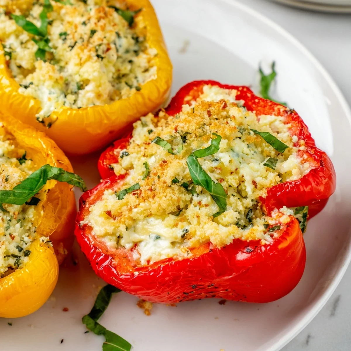 Bright roasted red, yellow, and orange bell peppers filled with creamy ricotta, herbs, and Parmesan, baked until golden and served hot.