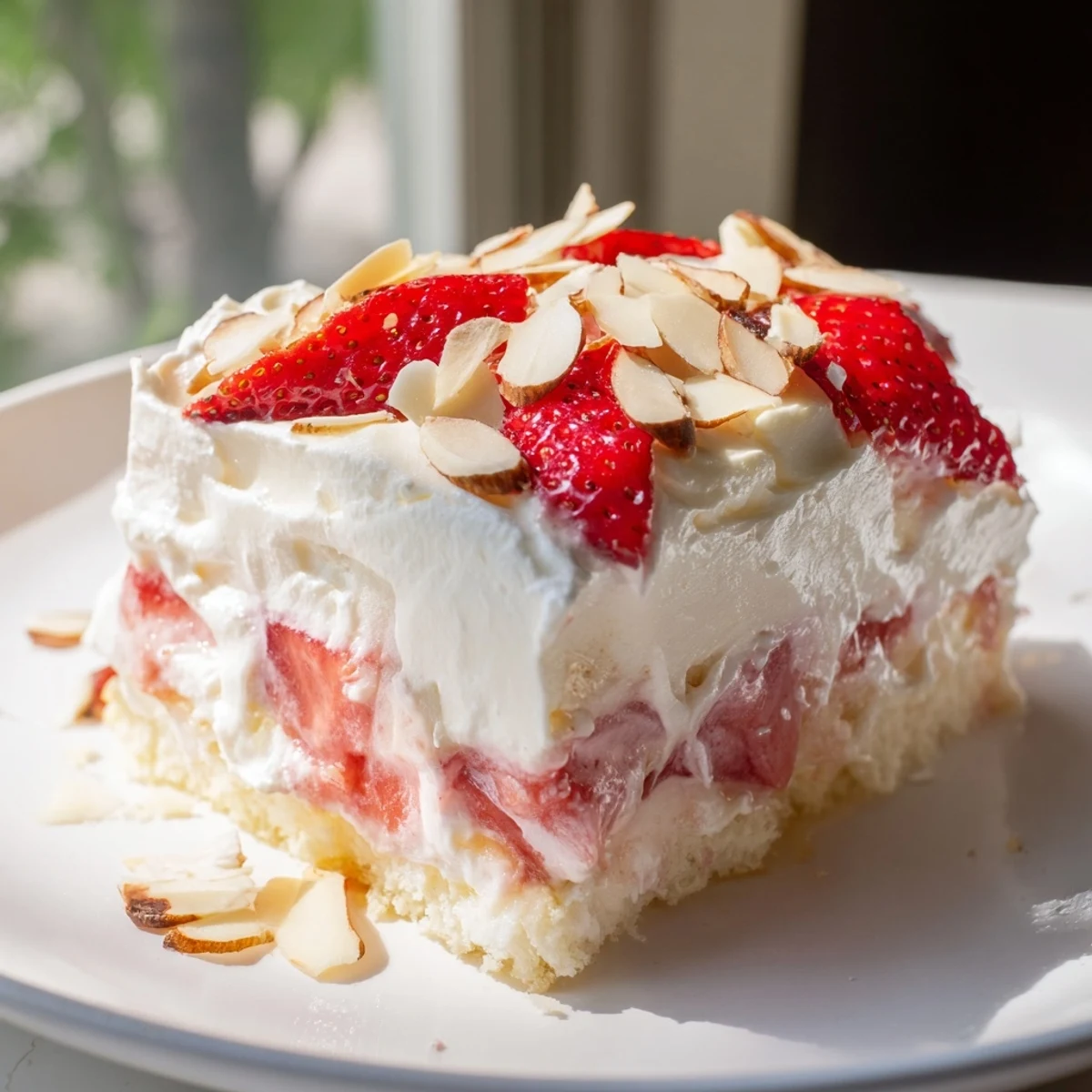 Heaven on Earth Cake layered in a glass dish, with fluffy angel food cake, creamy vanilla pudding, and vibrant strawberry filling.