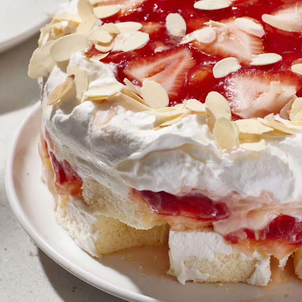 A chilled slice of Heaven on Earth Cake topped with sliced almonds and fresh strawberries, ready for a summer party.