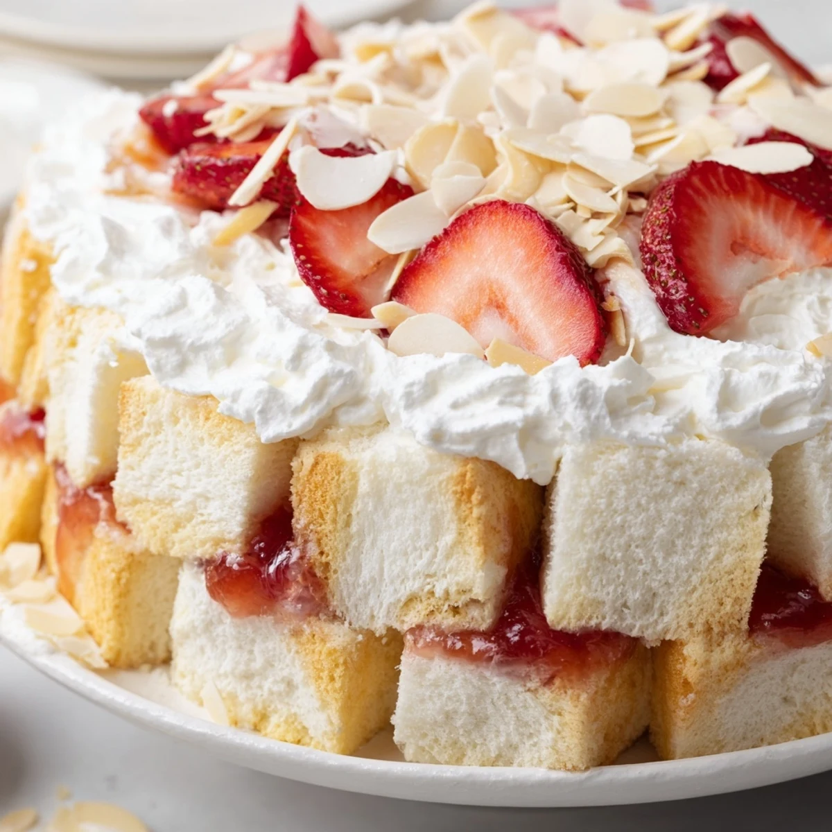 Heaven on Earth Cake in a trifle dish, featuring soft cake cubes soaked in strawberry filling and smooth vanilla cream.