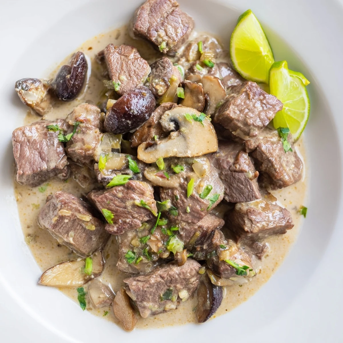 Overhead view of Lemongrass Coconut Braised Beef with Mushrooms served in a rustic bowl with steamed rice and lime wedges.