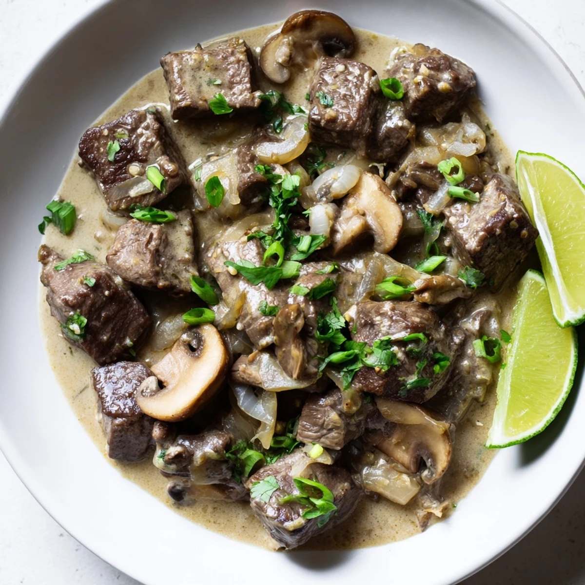 Steaming plate of Lemongrass Coconut Braised Beef with Mushrooms highlighting rich coconut broth and sautéed mushroom garnish.