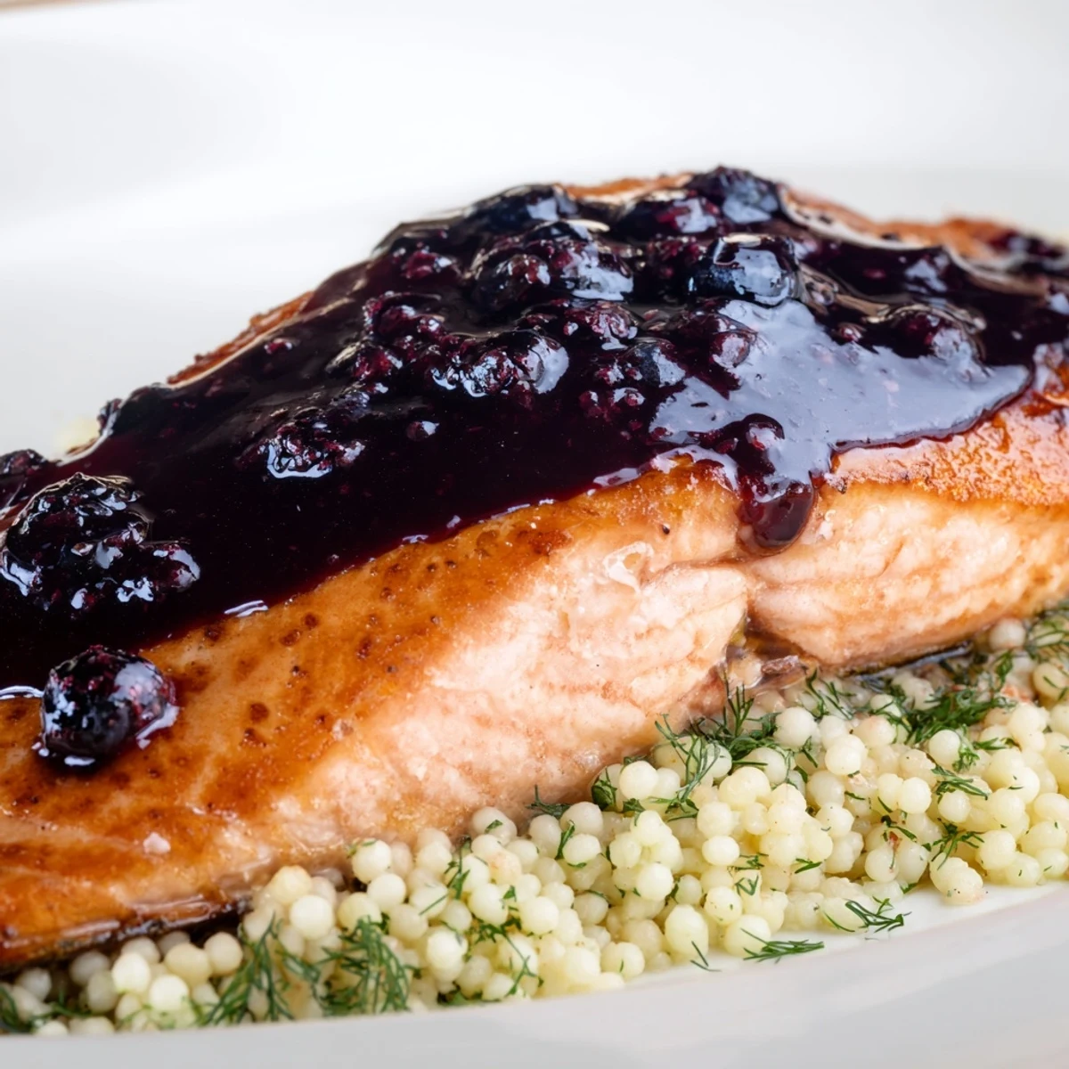 Flaky, pan-seared salmon fillets glazed with a vibrant blueberry reduction, served over a bed of fluffy lemon herb couscous.