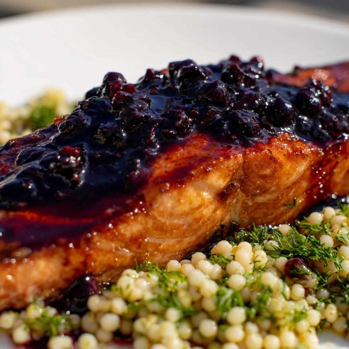 Succulent glazed salmon fillets topped with a spoonful of sweet blueberry sauce next to light, herby couscous.