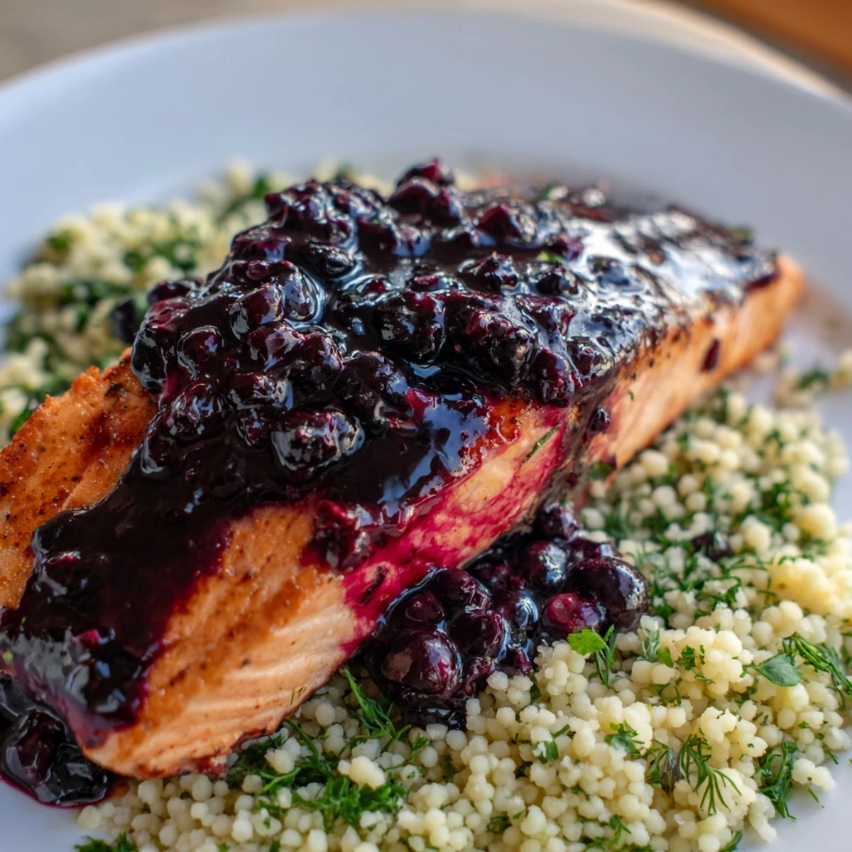 Juicy baked salmon coated in a glossy, tangy blueberry sauce paired with fresh dill and zesty lemon couscous.