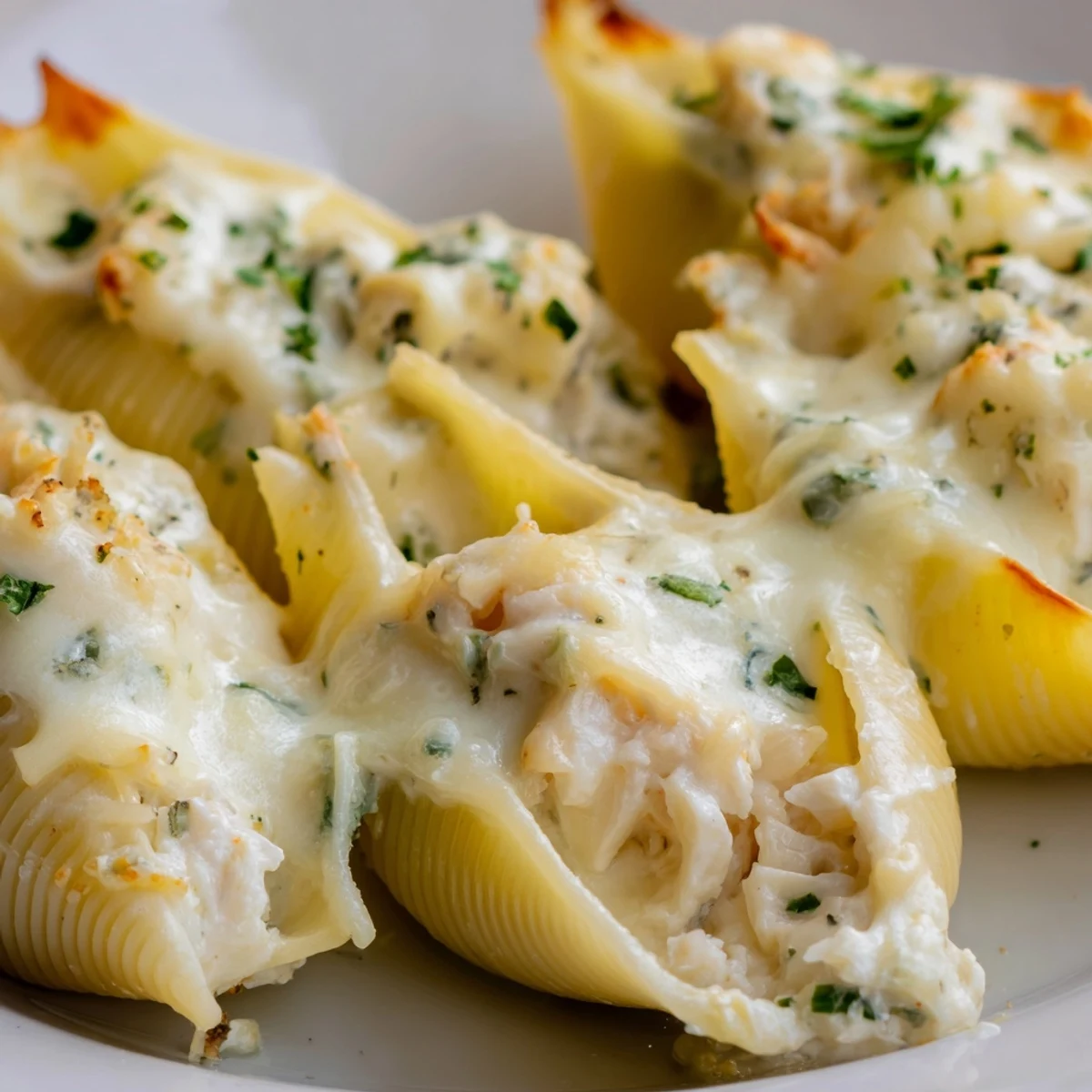 Golden-brown Creamy Seafood Stuffed Shells bubbling with shrimp and crab in a white sauce.