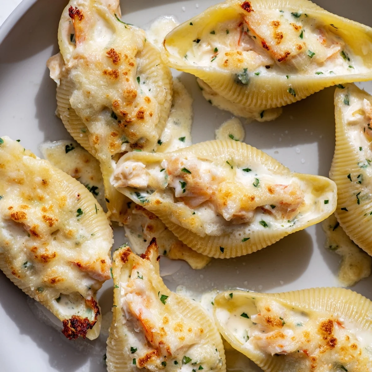 A close-up view of Creamy Seafood Stuffed Shells served with fresh parsley garnish.