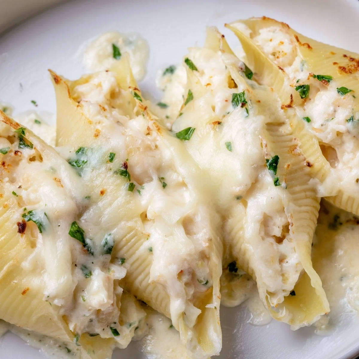 Delicious Creamy Seafood Stuffed Shells arranged in a baking dish ready for dinner.