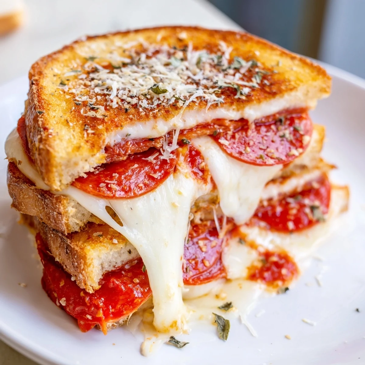 A freshly made Pizza Grilled Cheese cut in half, revealing layers of marinara sauce, pepperoni, and gooey cheese on a rustic wooden board.