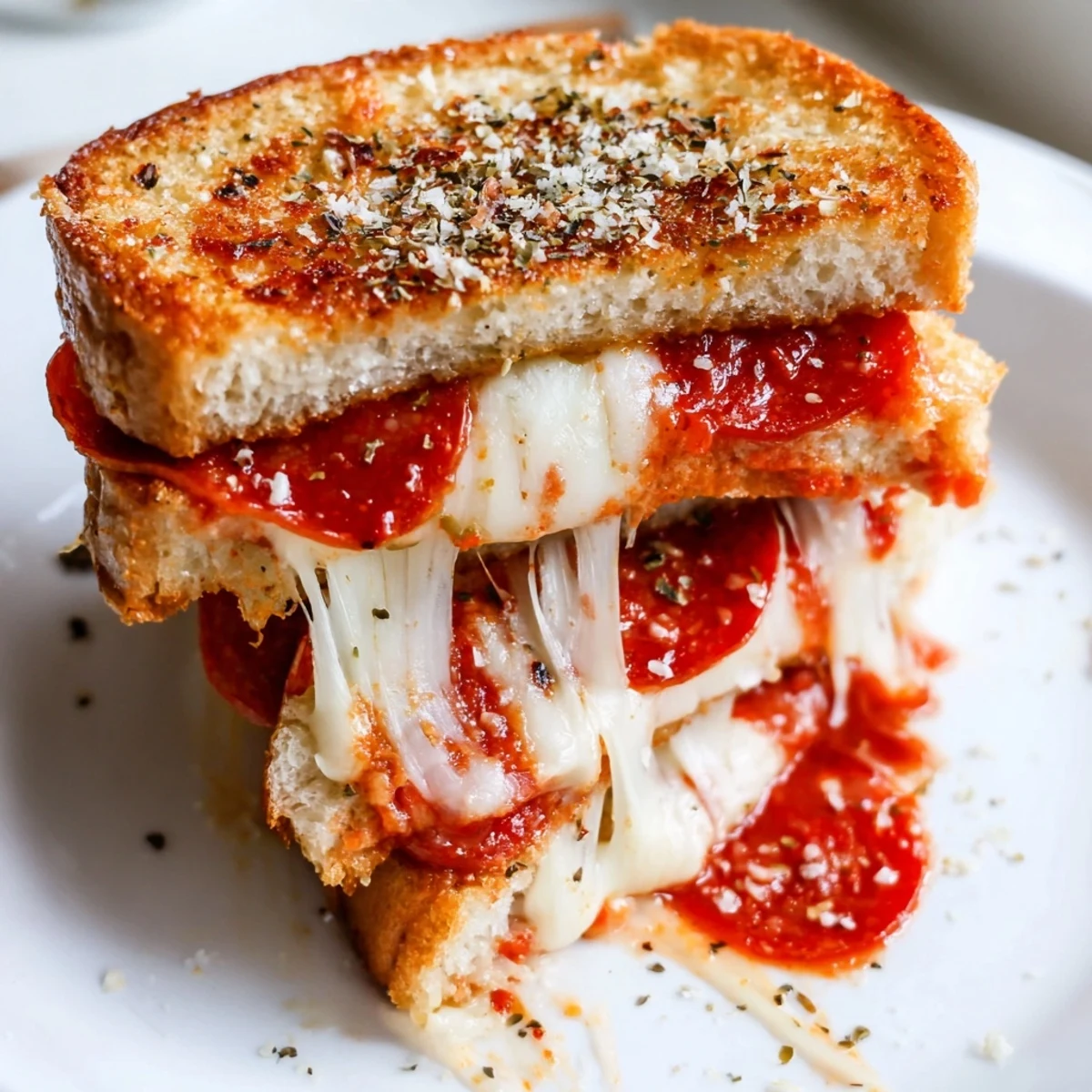 A skillet holding a sizzling Pizza Grilled Cheese, with herbs and extra marinara sauce for dipping nearby on a marble countertop.