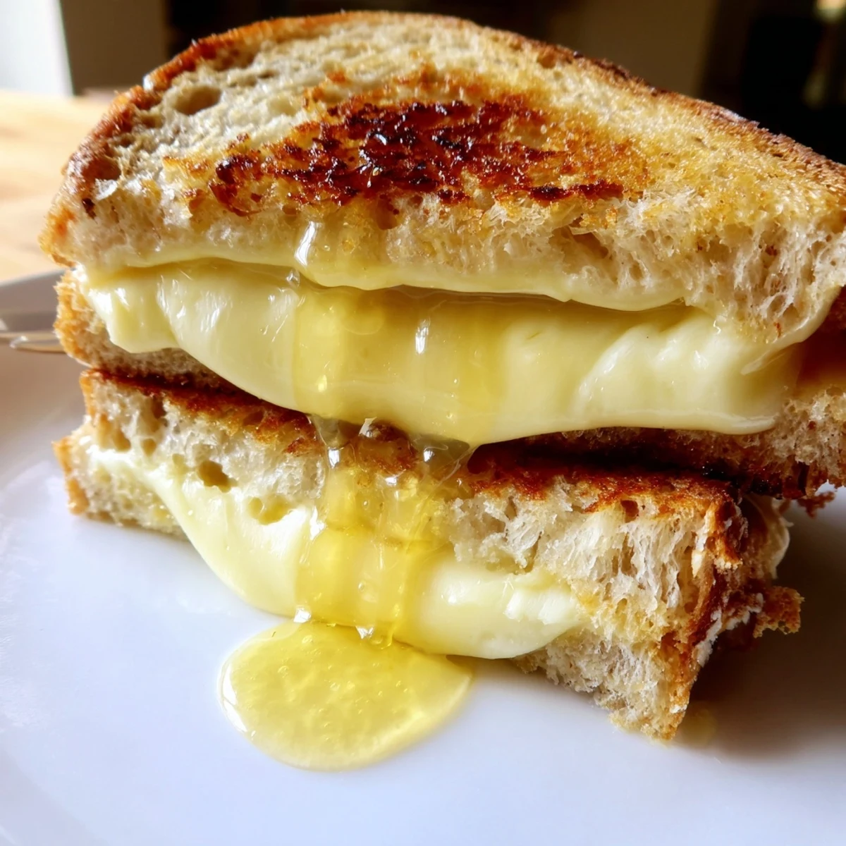 Golden grilled sourdough slices hold layers of melted cheddar, mozzarella, and Gruyère, drizzled with sweet honey.