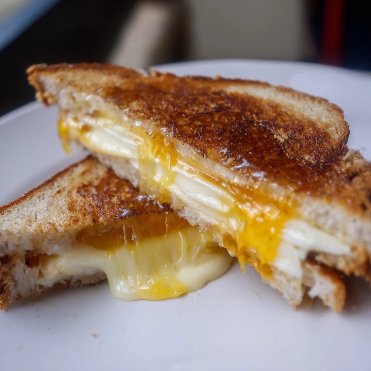 A close-up of a honey-drizzled grilled cheese sandwich on sourdough, served with a side salad.