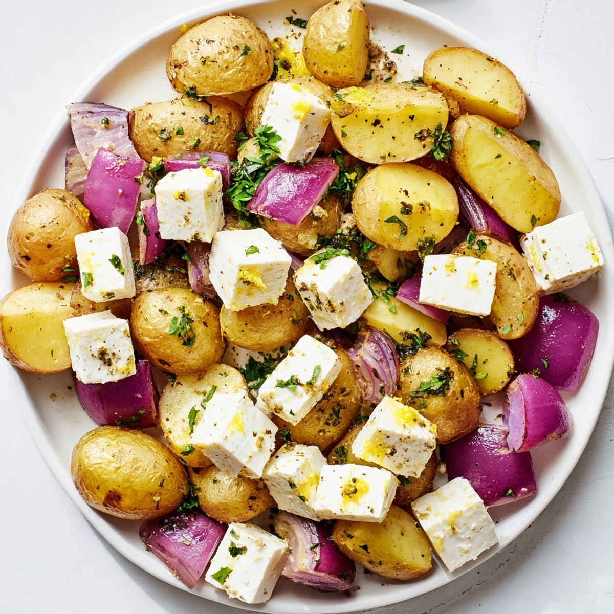 Golden baby potatoes and red onion wedges roasted with tangy feta, lemon zest, and fresh parsley for a Mediterranean side dish.