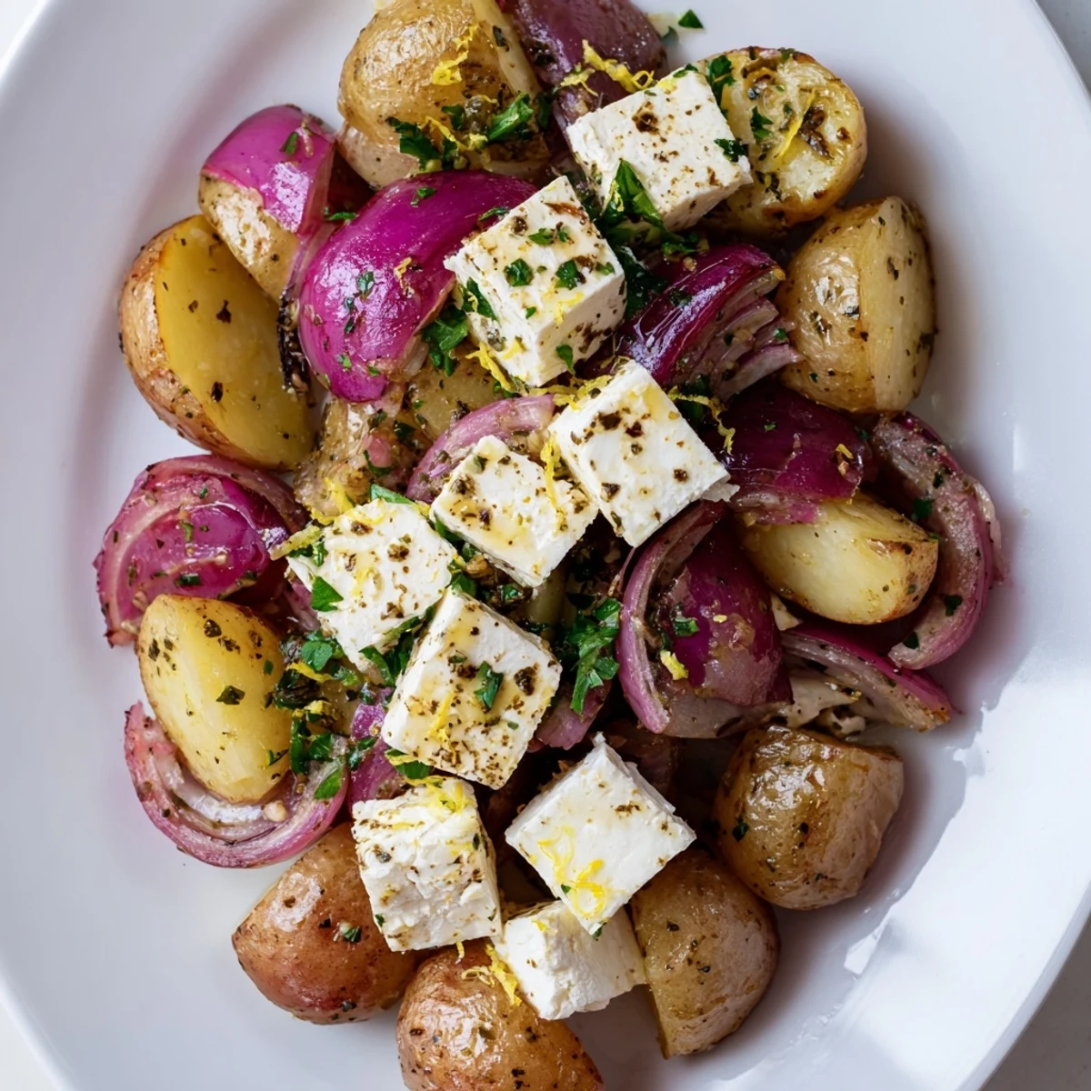 A vibrant photo shows Baked Feta Potatoes with Lemon beside grilled chicken, garnished with parsley and lemon wedges on a rustic table.