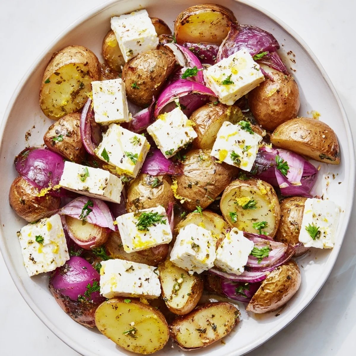 Baked Feta Potatoes with Lemon feature tender spuds, creamy cheese, and herbs served warm from the oven on a sheet pan.