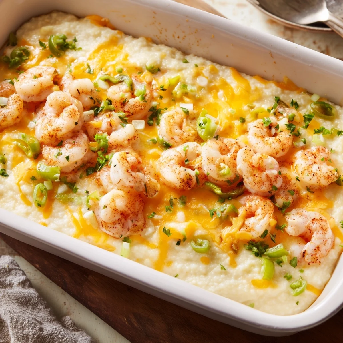 A close-up of Easy Shrimp & Grits Casserole, featuring creamy cheddar grits topped with succulent shrimp and melted Monterey Jack cheese. 